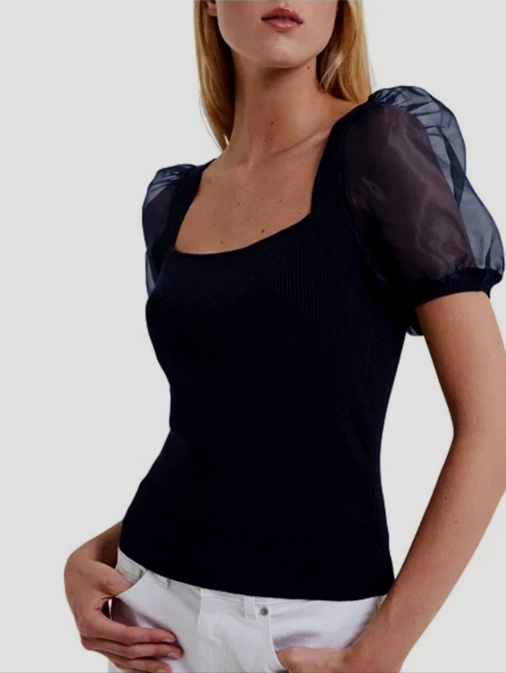 French Connection Lex Krista Organza Sleeve Short Sleeve Top Women's Small Black